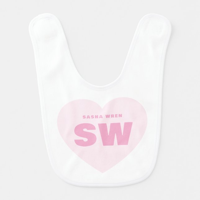 Pink Heart Monogram Newborn White Custom baby Bib (Front)