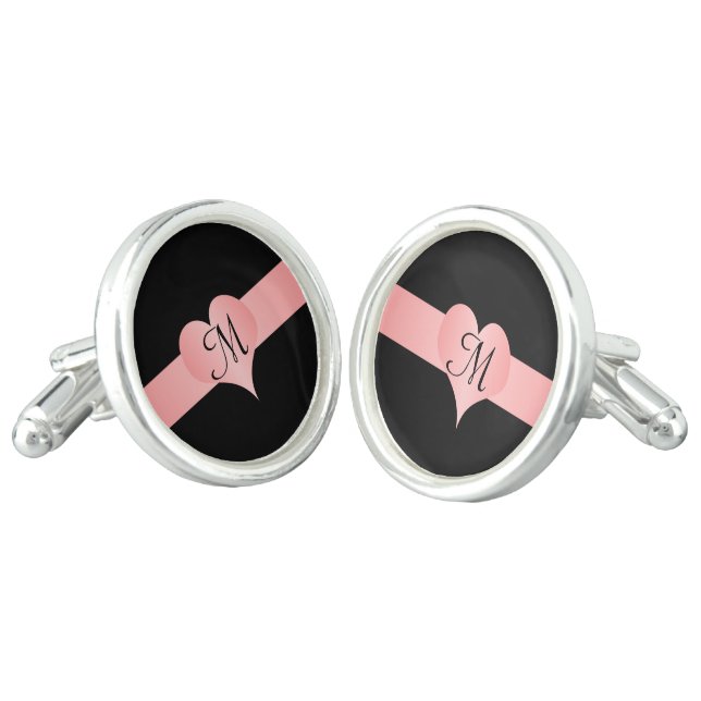 Pink Heart Monogrammed Cufflinks (Angled)
