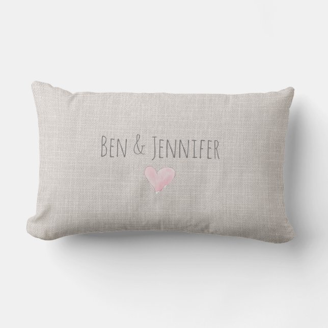 Pink Heart NAMES DATE Love Couple Linen Sweet Lumbar Pillow (Front)