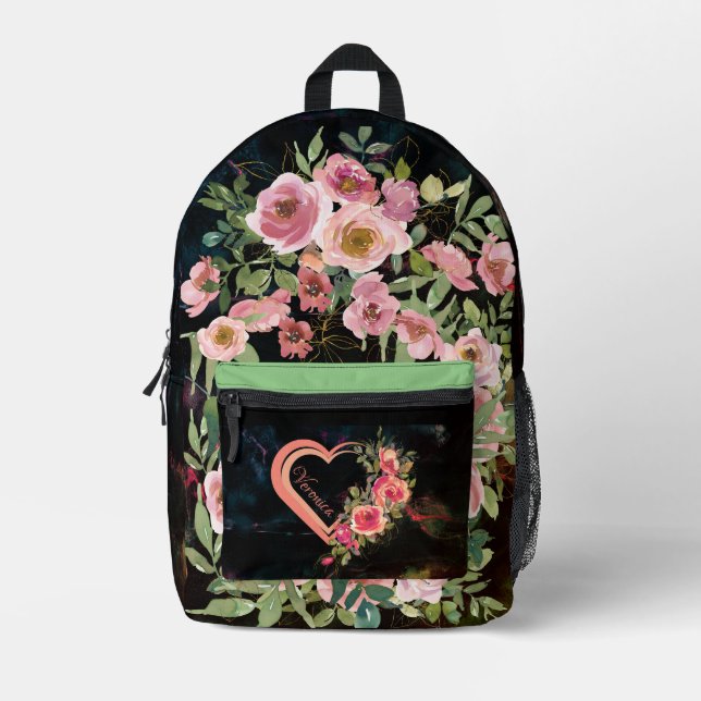 Pink Heart on black  Printed Backpack (Front)