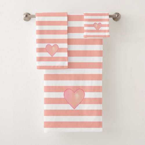 Pink Heart on Light Coral Pink  White Striped Bat Bath Towel Set