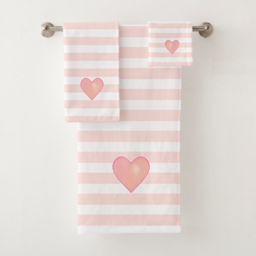 Pink Heart on Light Pink  White Striped Bath Towel Set