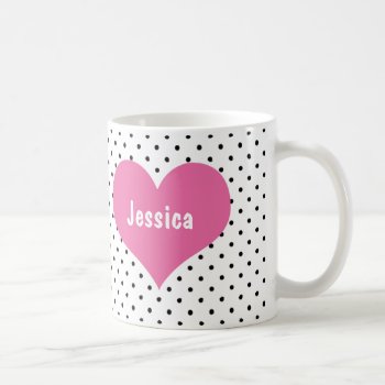 Pink Heart On Polka Dots Pattern Girly Name Coffee Mug by stdjura at Zazzle
