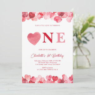 Pink Heart One First Girl Birthday Invitation
