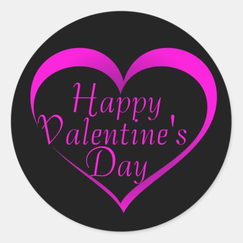 Pink Heart Outline on Black Happy Valentines Day Classic Round Sticker