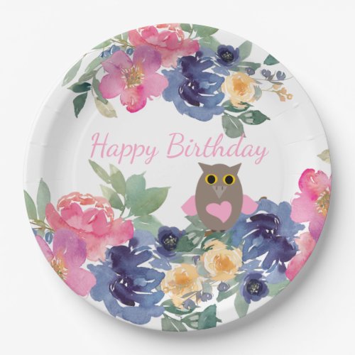 Pink Heart Owl Floral Watercolor Happy Birthday   Paper Plates