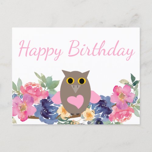 Pink Heart Owl Floral Watercolor Happy Birthday  Postcard