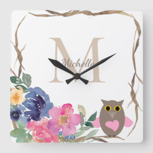 Pink Heart Owl Floral Watercolor Wreath Monogram Square Wall Clock