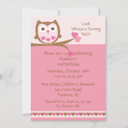 Pink Heart Owl Kids Birthday Invitation