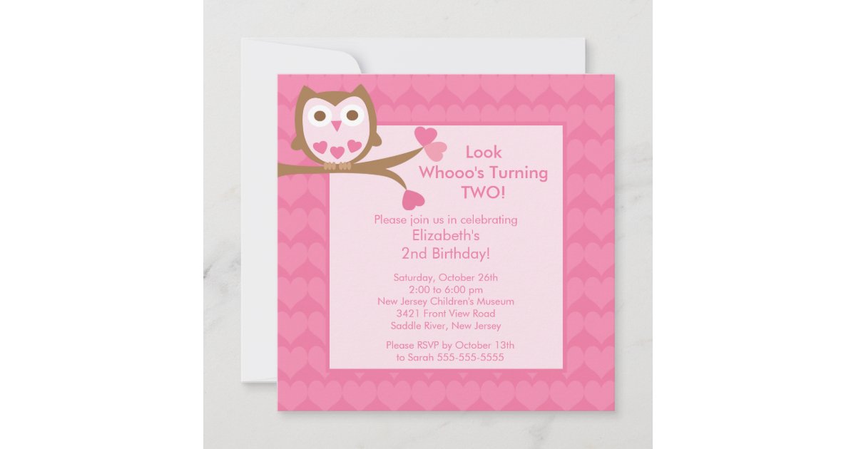 Pink Heart Owl Kids Birthday Invitation | Zazzle