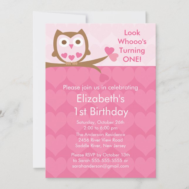 Pink Heart Owl Kids Birthday Invitation (Front)