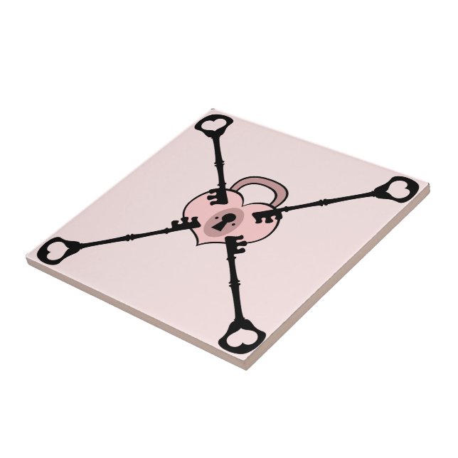 Pink Heart Padlock with Keys Ceramic Trivet Tile (Side)