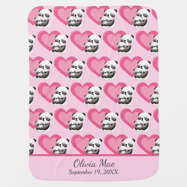 Pink Heart Panda Bears Pattern Baby Blanket (Front)