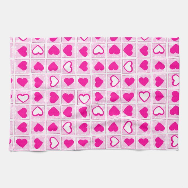 Pink Heart Pastel Fun Squares Kitchen Towel (Horizontal)