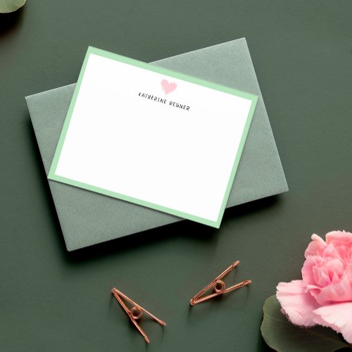 Pink Heart Pastel Green Border Personalized Thank You Card