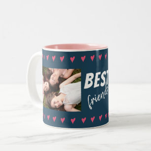Pink Heart Pattern Best Friends 2 Photo Two-Tone Coffee Mug