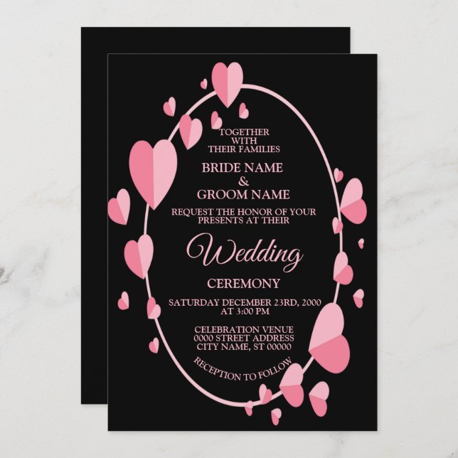 Pink Heart Pattern Black Geometric Elegant Wedding Invitation (Front/Back)