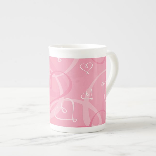 Pink heart pattern bone china mug (Front Right)