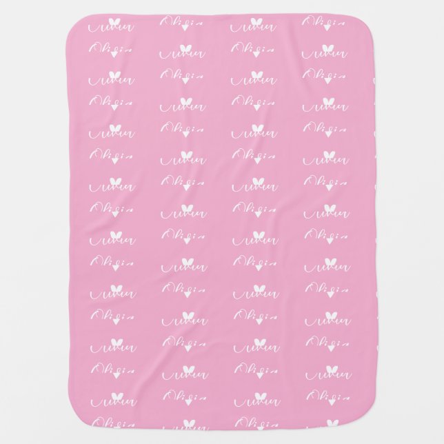 Pink Heart Pattern Custom Baby Name Newborn Gift Blanket (Front)