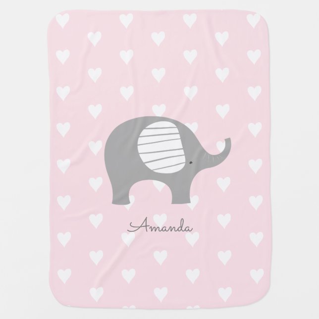 Pink Heart Pattern Elephant Baby Blanket (Front)