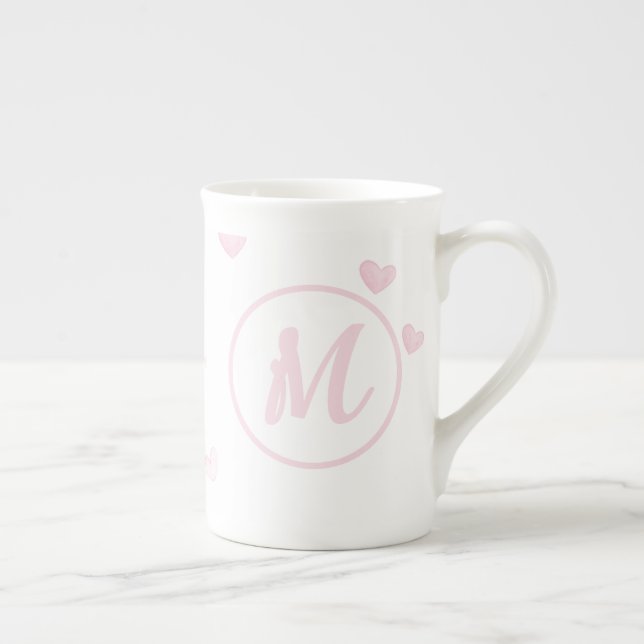Pink Heart Pattern Girly Romantic Monogrammed Bone China Mug (Right)