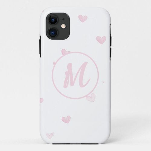 Pink Heart Pattern Girly Romantic Monogrammed iPhone 11 Case