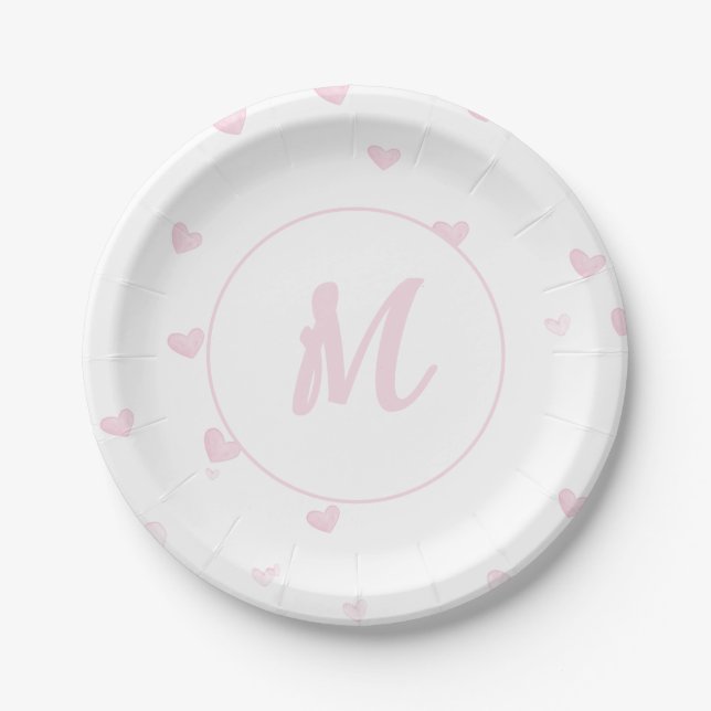 Pink Heart Pattern Girly Romantic Monogrammed Paper Plates (Front)