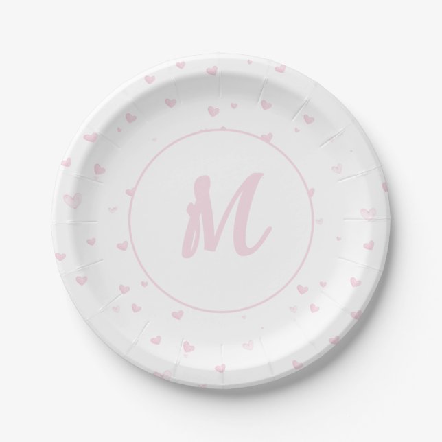 Pink Heart Pattern Girly Romantic Monogrammed Paper Plates (Front)