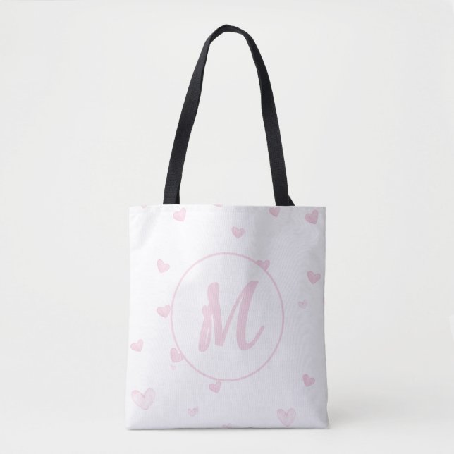 Pink Heart Pattern Girly Romantic Monogrammed Tote Bag (Front)