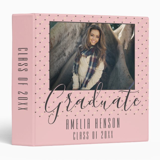 Pink Heart Pattern Graduate Graduation Photo Album 3 Ring Binder (Front/Spine)
