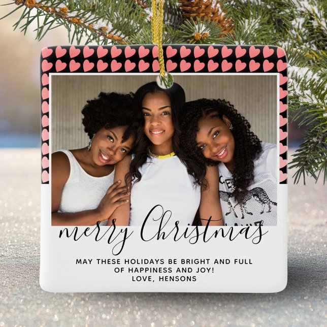 Pink Heart Pattern Merry Christmas Photo Ceramic Ornament (Creator Uploaded)