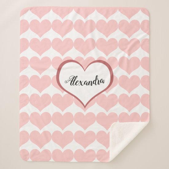Pink Heart Pattern Name Monogram Script Sherpa Blanket