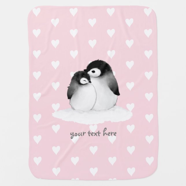 Pink Heart Pattern Penguin Baby Blanket (Front)