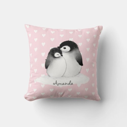 Pink Heart Pattern Penguin Nursery Throw Pillow