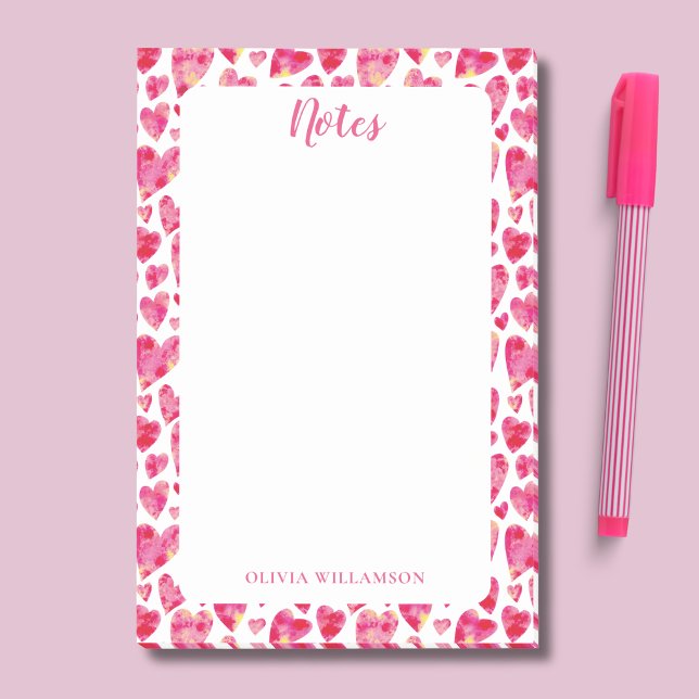 Pink heart pattern to Do Notes (Pink love heart watercolor post-it notes pad, personalized with your own name)