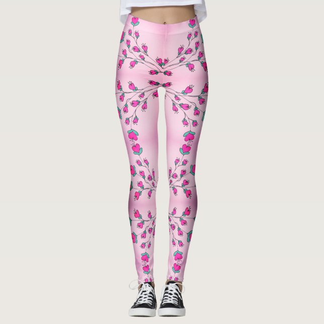 Pink Heart Patterned Ladies Leggings (Front)