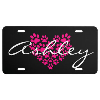 Pink Heart Paw Black License Plate For Pet Lovers