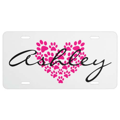 Pink Heart Paw White License Plate For Pet Lovers