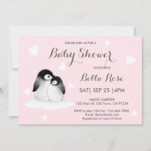 Pink Heart Penguin Baby Shower Invitations