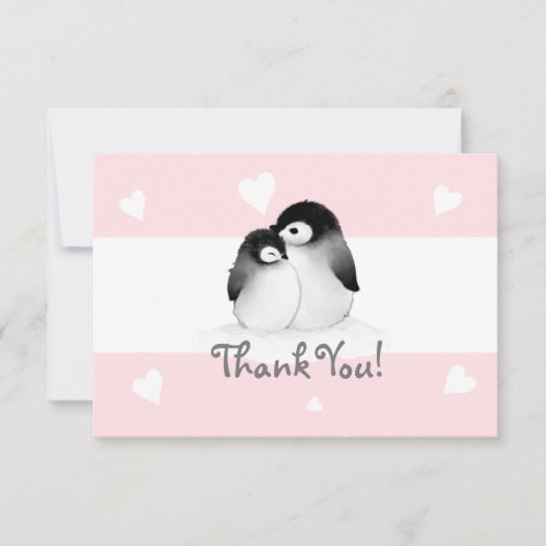 Pink Heart Penguin Thank You Note cards