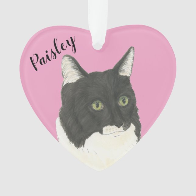 Pink Heart Personalized Black and White Cat Ornament (Front)