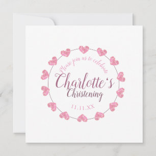 Pink heart petals girl christening invite