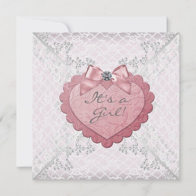 Pink Heart Pink White Lace Baby Shower Invitation (Front)