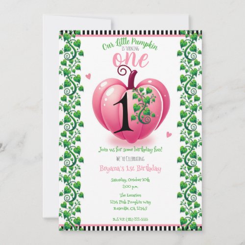 Pink Heart Pumpkin  Vines Fall 1 1st Birthday Invitation