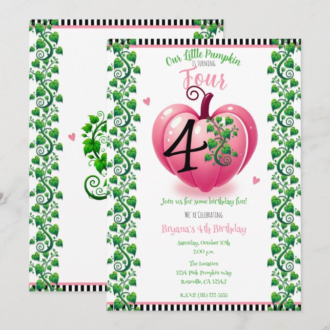 Pink Heart Pumpkin & Vines Fall Birthday Party Invitation (Front/Back)