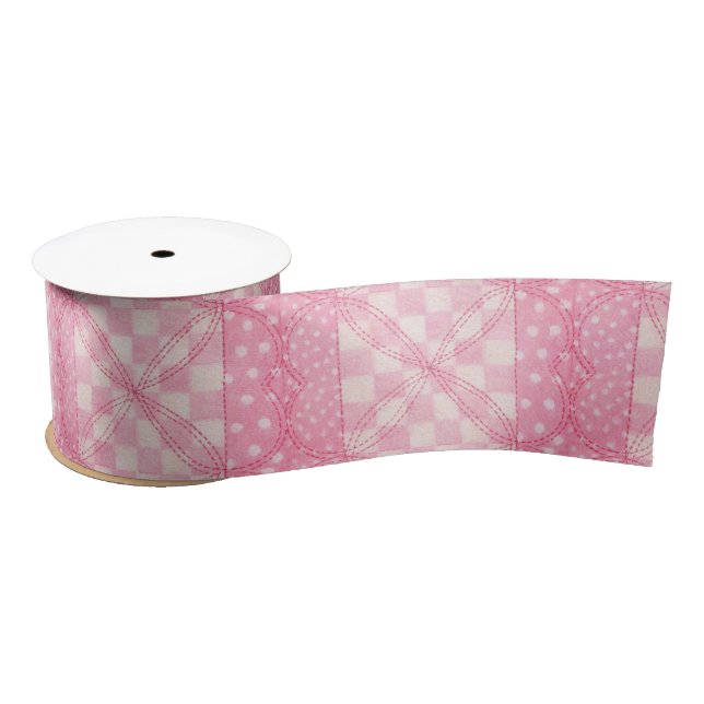 PINK HEART QUILT 3" Wide Satin Ribbon (Spool)