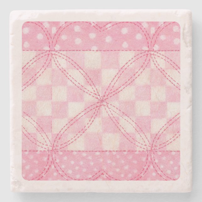 PINK HEART QUILT Marble Stone Coaster / Pink (Front)
