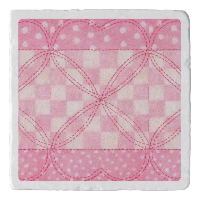 PINK HEART QUILT Marble Stone Trivet (Front)