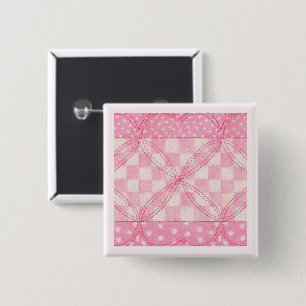 PINK HEART QUILT Square Pin Button / Pink