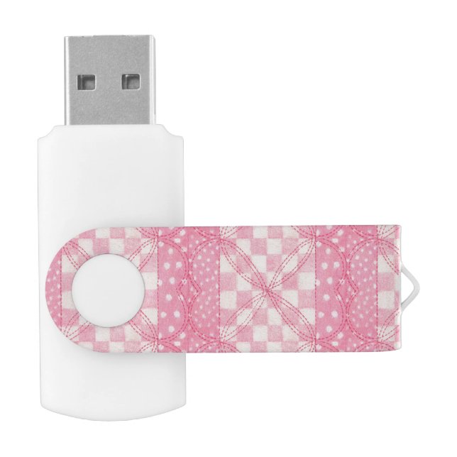PINK HEART QUILT USB Swivel Flash Drive (Opened)